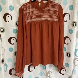 Roolee Peasant Blouse, Rust Colored, Cute Detail Stitching, XL, Gently Worn
